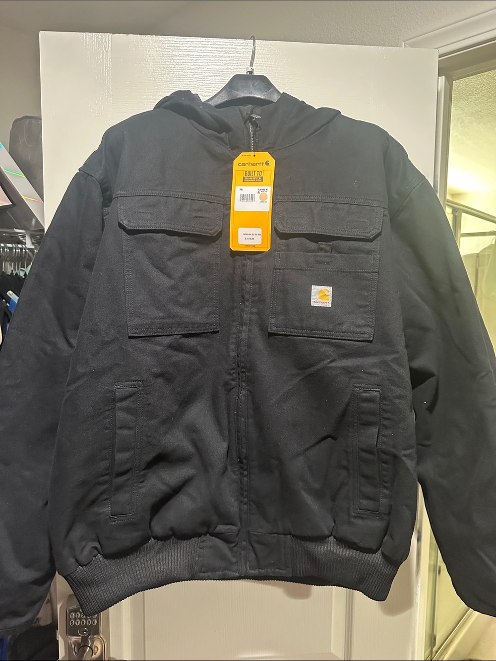 Carhartt Black Hooded Puffer Work Jacket with Logo Patch